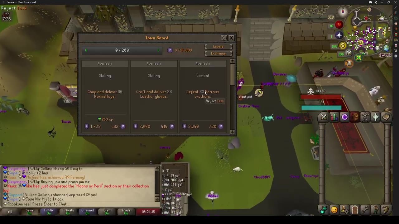 A game interface showing town board tasks and their rewards.