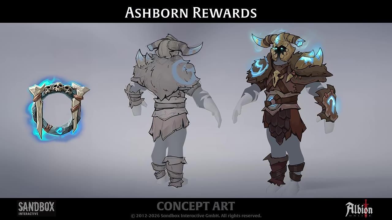 Concept art of Ashborn rewards featuring armor, helmet, and decoration.