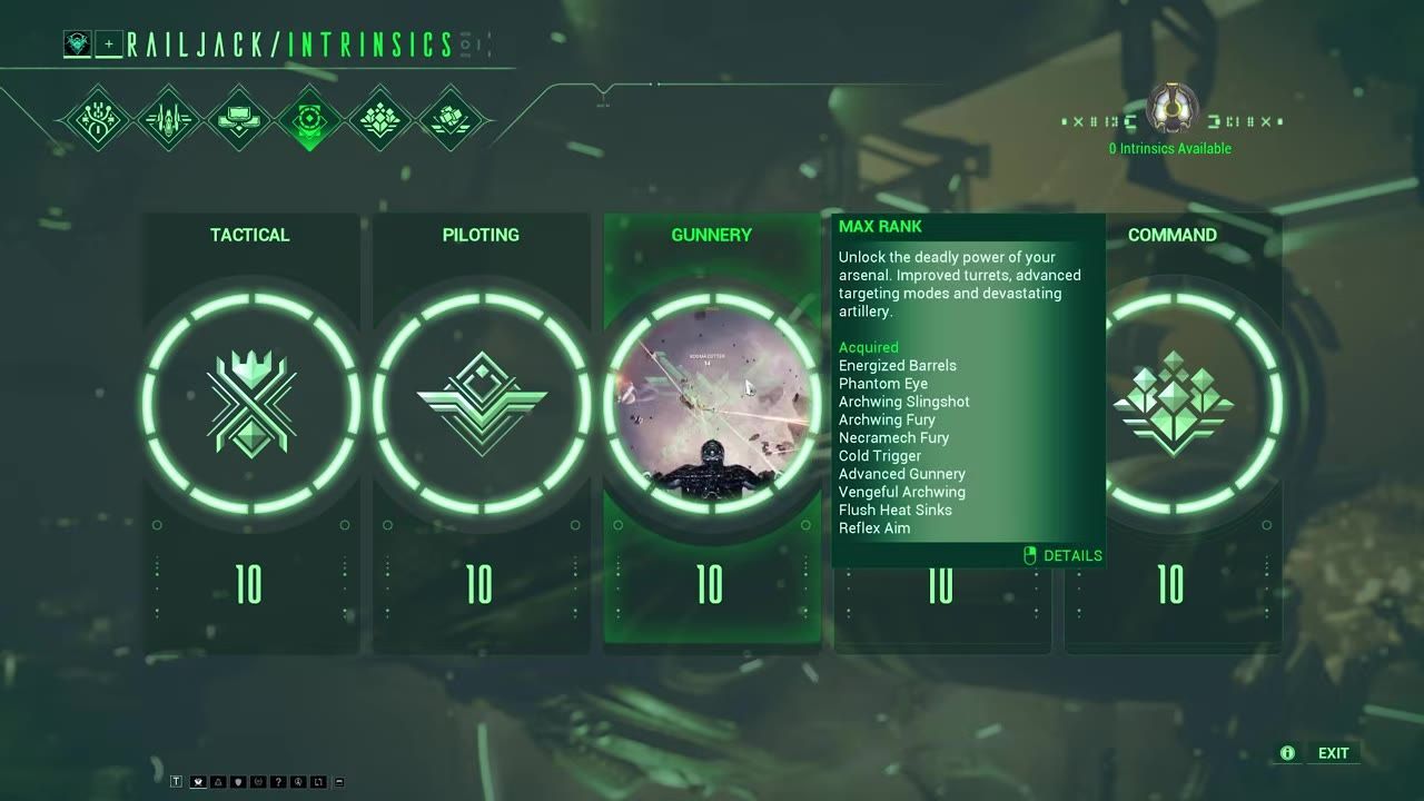 The intrinsic system panel displays Tactical, Piloting, Gunnery, and Command levels, with descriptions on the Gunnery rank.
