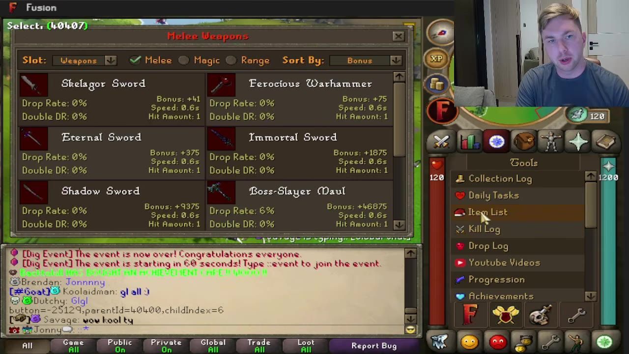 Game interface showing an open item list panel with multiple items displayed.