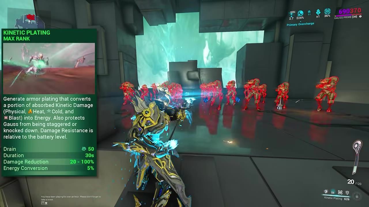 Game screenshot showing Gauss using an ability with visible stats, surrounded by enemies in a futuristic environment.