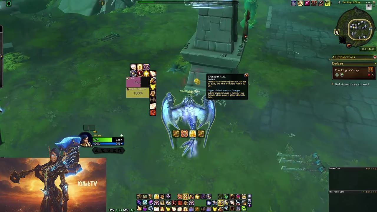 A mounted character with active buffs shown and a tooltip describing mounted benefits.