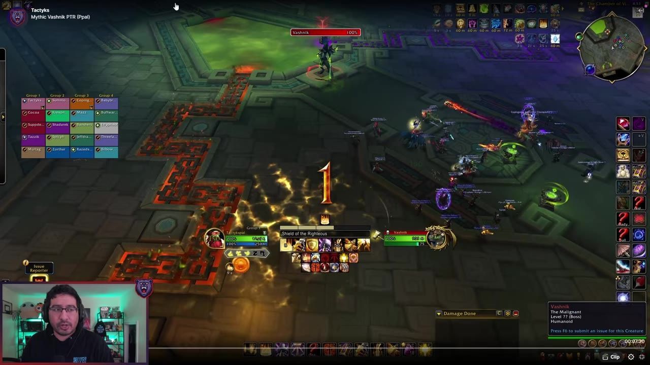 Gameplay scene showing players positioned around shrines and the enemy Vashnik the Malignant.
