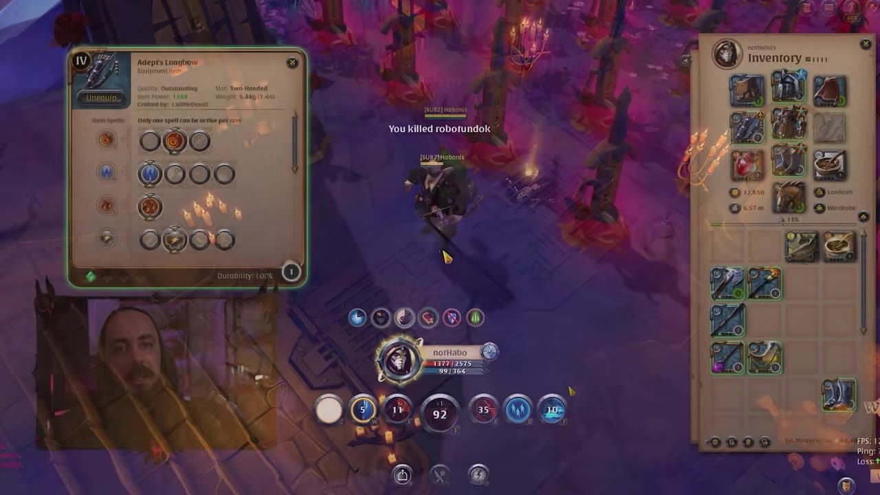 Game interface displaying equipped Longbow and spell options.