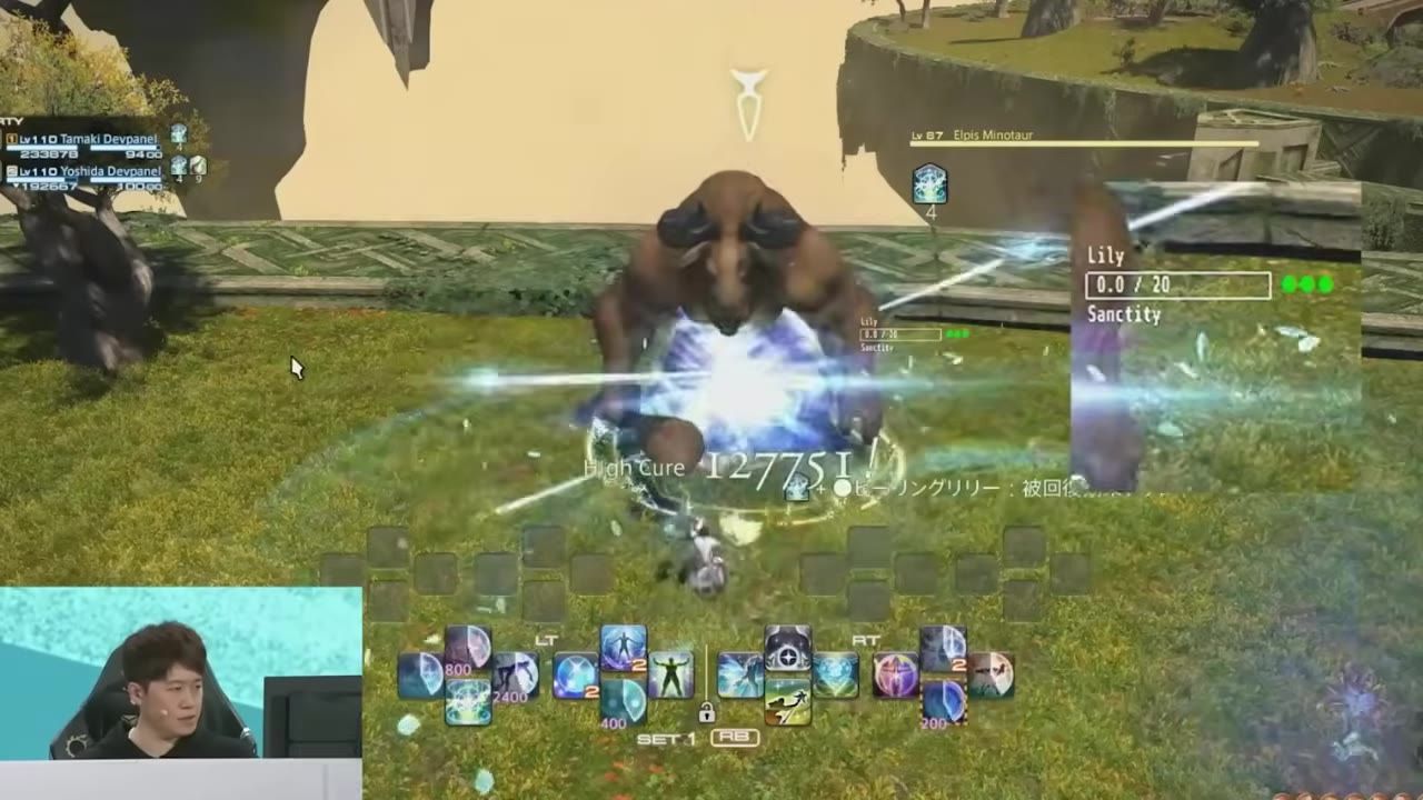 A gameplay interface showing a White Mage's Sanctity gauge and lilies during combat.