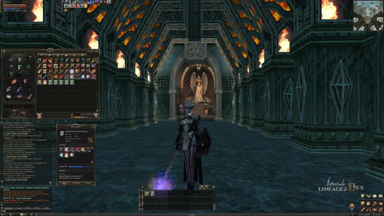 A game screen showing item inventory and a crafting interface with success rates.