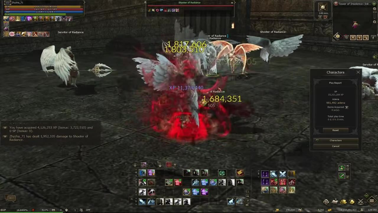 Gameplay showing battle action and a Play Report with Adena acquisition details.
