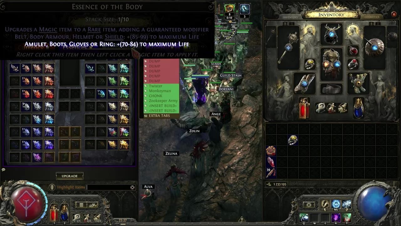 A game interface showing inventory and crafting options with an essence highlighted.