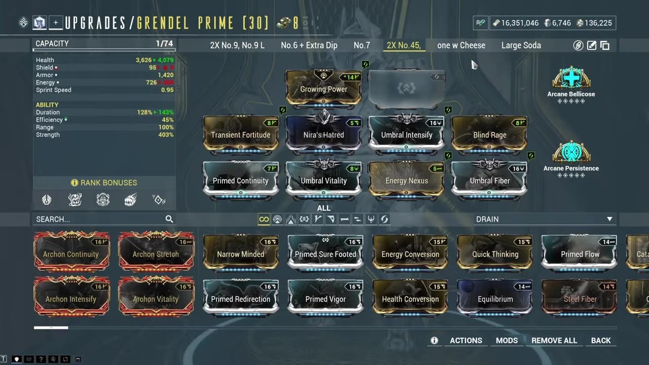 A Warframe upgrade screen showing installed mods on Grendel Prime.
