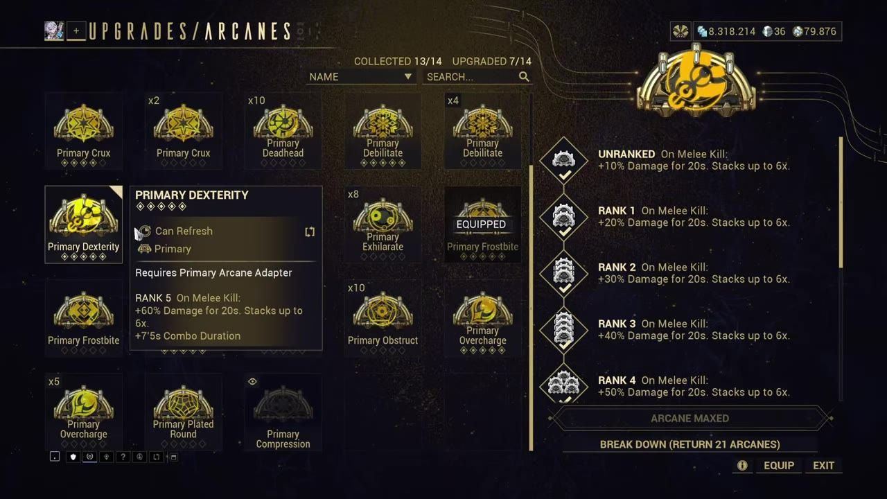 Panel displaying game rewards with various weapon arcanes acquired and details about 'Primary Dexterity' arcane.