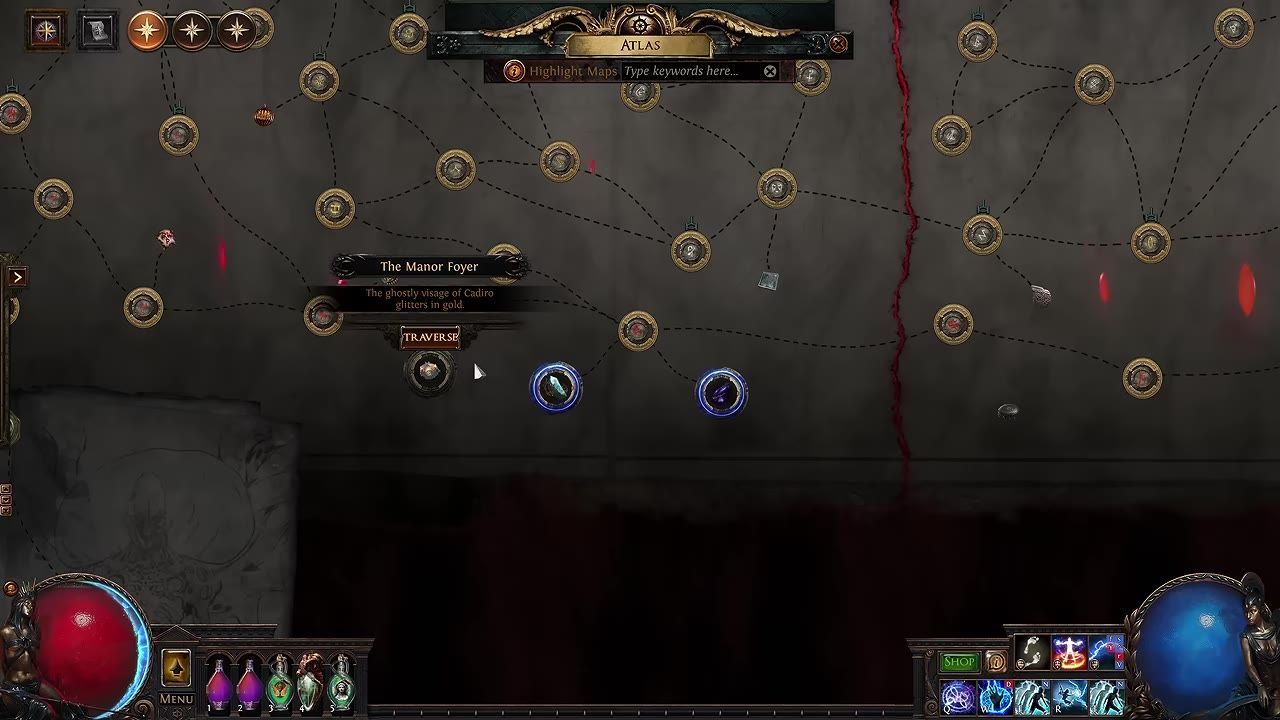 The Atlas interface showing connected nodes and a highlighted map labeled 'The Manor Foyer'.
