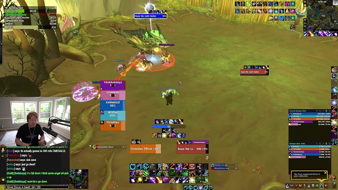 A World of Warcraft dungeon fight is underway in a green forested area, with multiple enemy and player nameplates, damage meters, ability bars, and a streamer webcam overlay in the lower left.