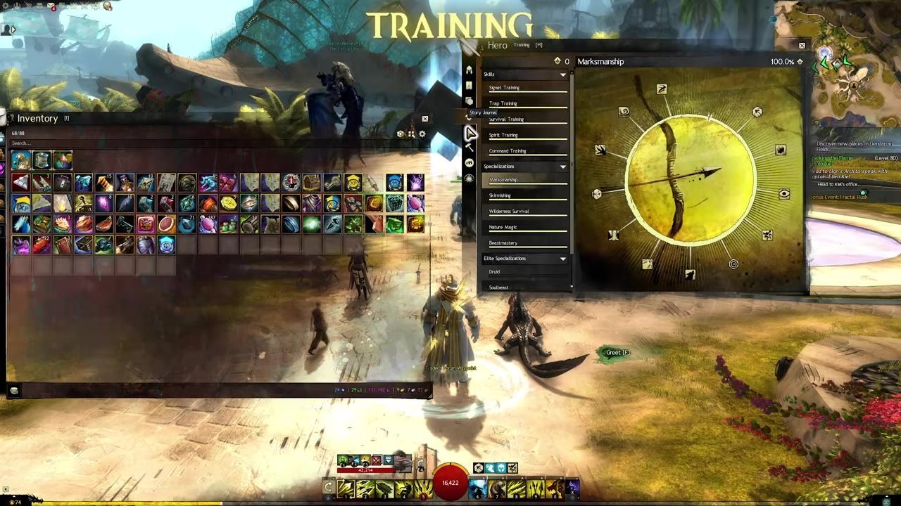 A game interface showing the training tab with hero points and inventory screen.