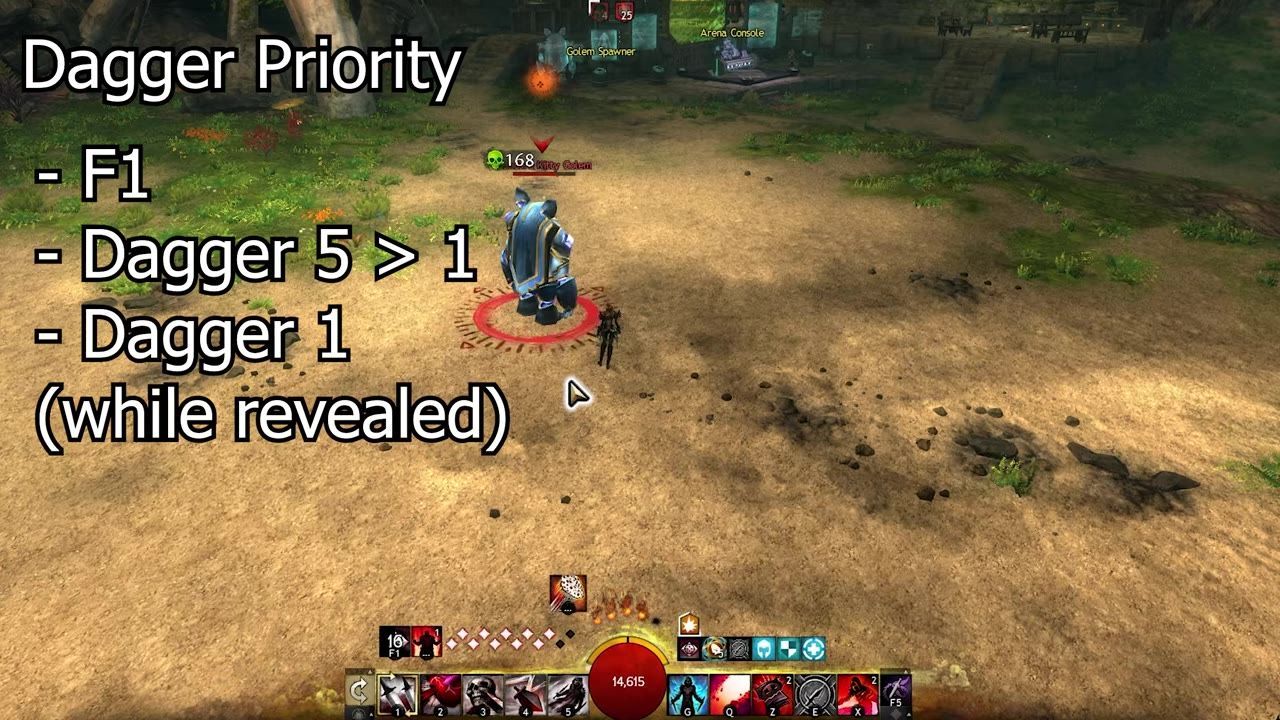 A video game character attacking a mechanical golem with a UI displaying their skills and a textual guide overlay about dagger priority.