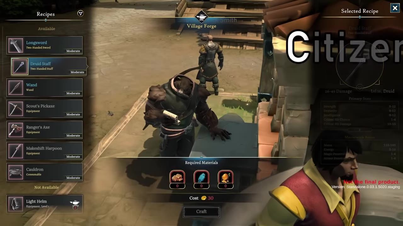 In-game crafting interface at a forge with recipe list and required materials displayed.