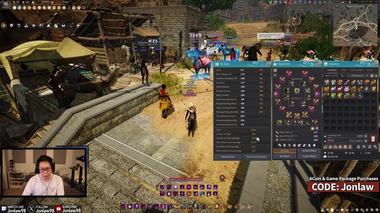 A player is viewed in a game environment with menus displaying player statistics, equipment, and inventory.