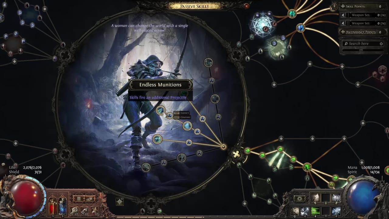 The Deadeye ascendancy tree with the 'Endless Munitions' node highlighted, showing its benefits.