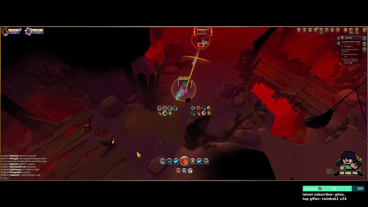 Gameplay of a Trinity Spear matchup in a dungeon environment, showing combat and activated abilities.