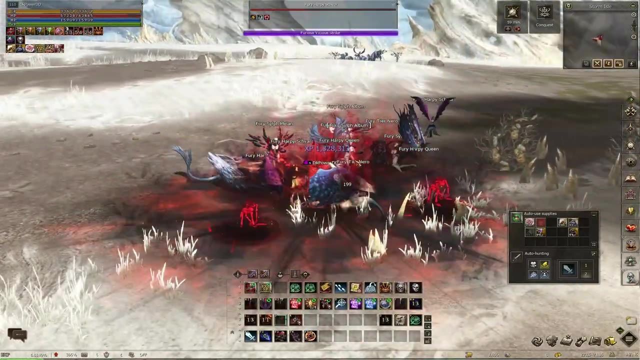 Gameplay screenshot showing a character battling monsters with abilities displayed on the skill bar.