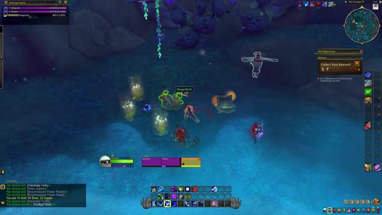 A gameplay scene showing treasure boxes and rewards at the end of a delve.