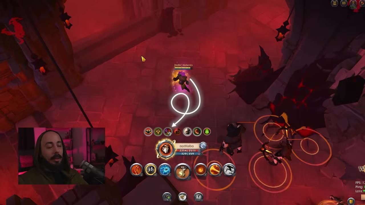 Game screenshot showing player character, user interface with health, mana, and skill icons, including buffs and number counters.