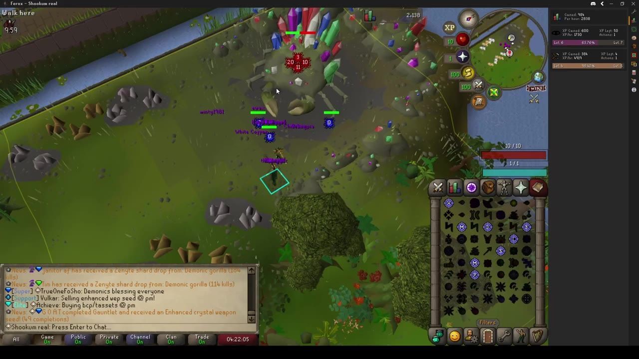 Game scene showing a combat encounter with gemstone-themed creatures.
