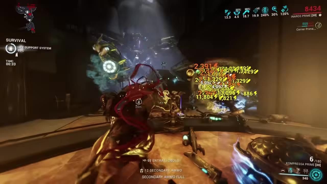 Game scene showing combat with the player using Kompressa Prime to attack enemies, with damage indicators visible.