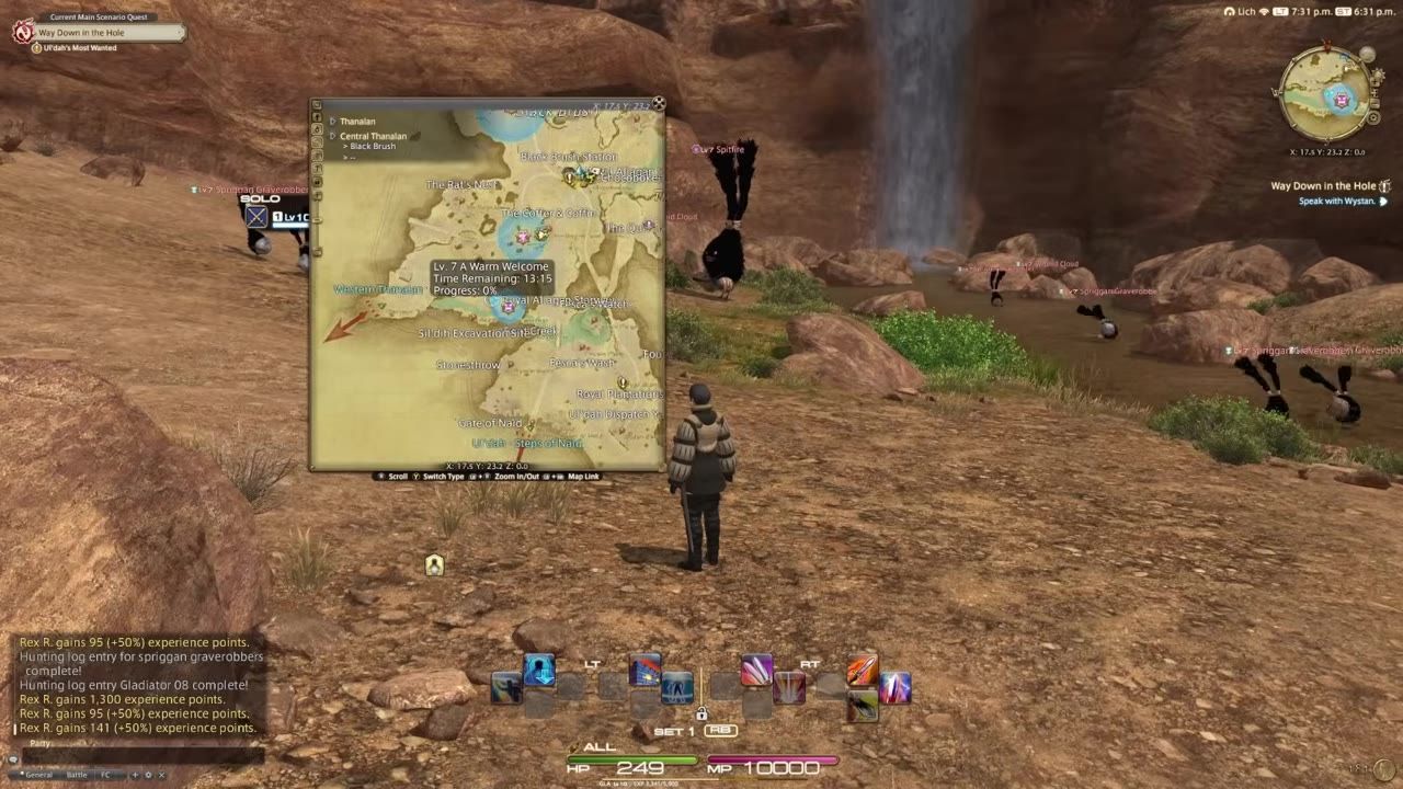 Game interface showing an overworld area, map with FATE marker, and logs related to hunting.