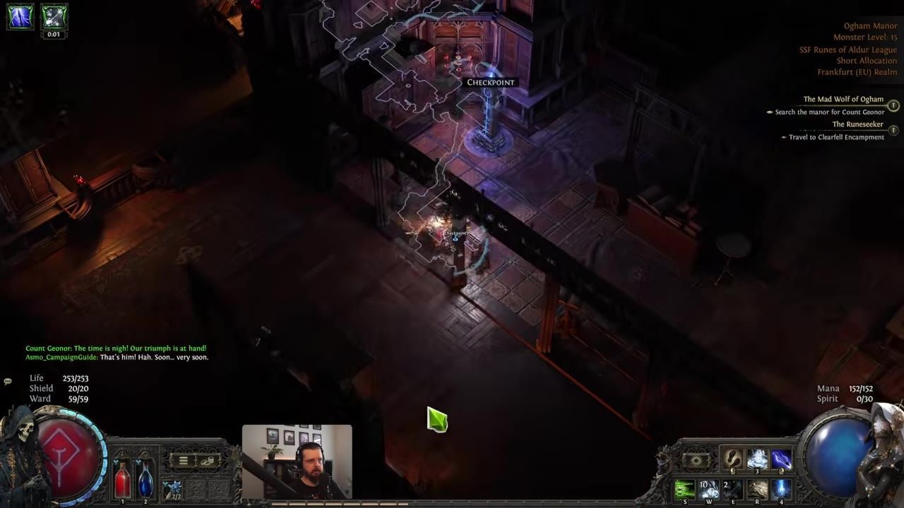 A game scene showing a player-character near a checkpoint marked by glowing energy and a map overlay.