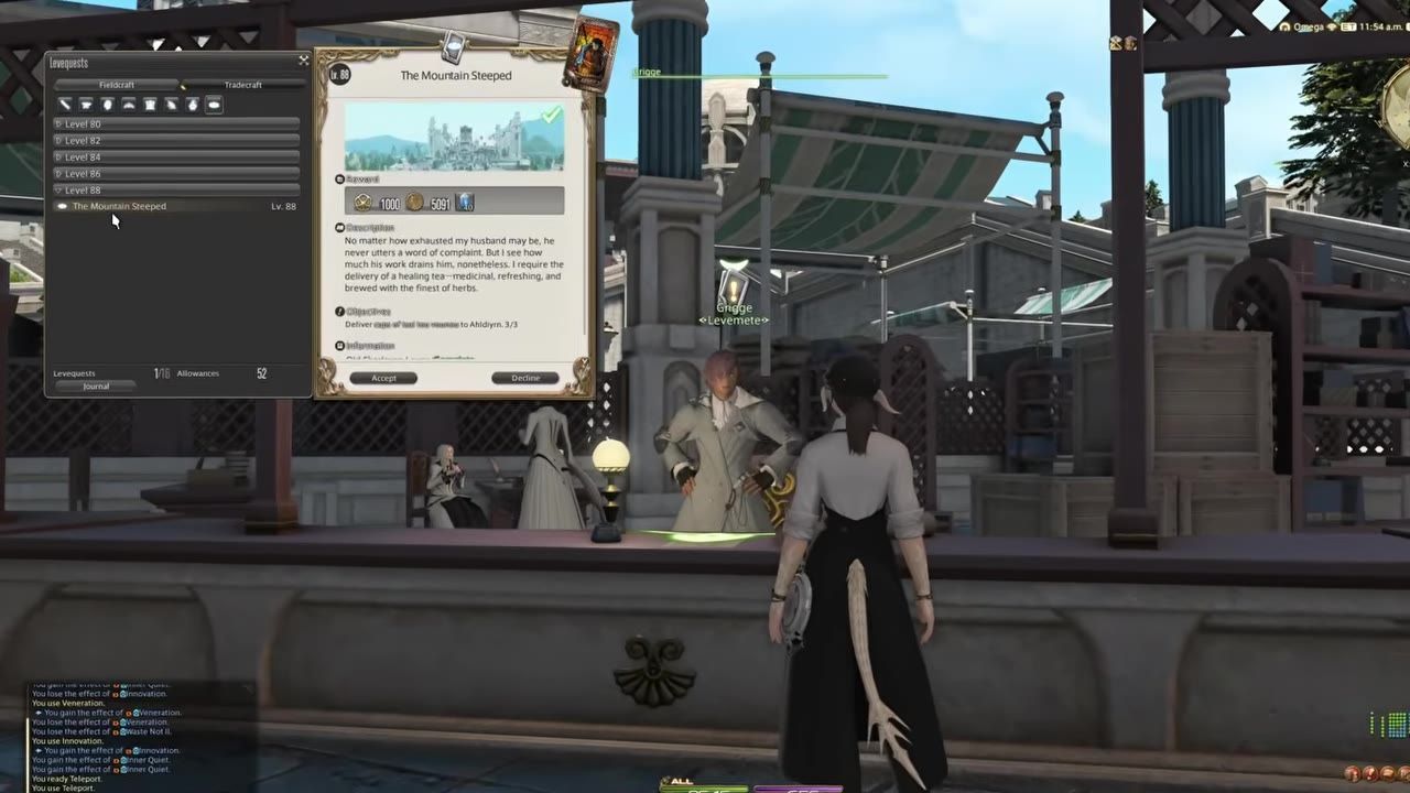 Character dialog box and NPC visible for 'The Mountain Steeped' levequest in a market setting.