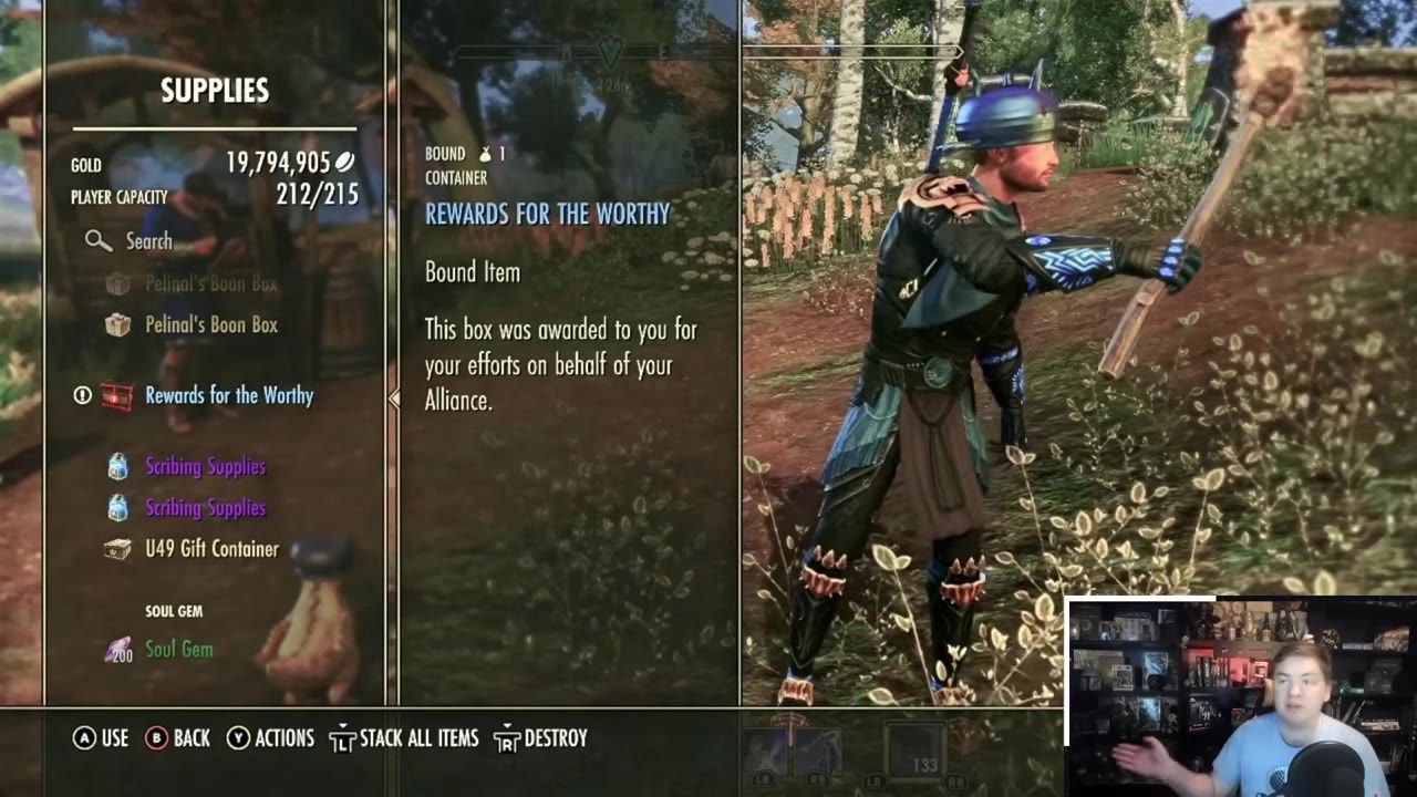 Game interface showing the Reward of the Worthy box description, player character in the background, and a webcam overlay.