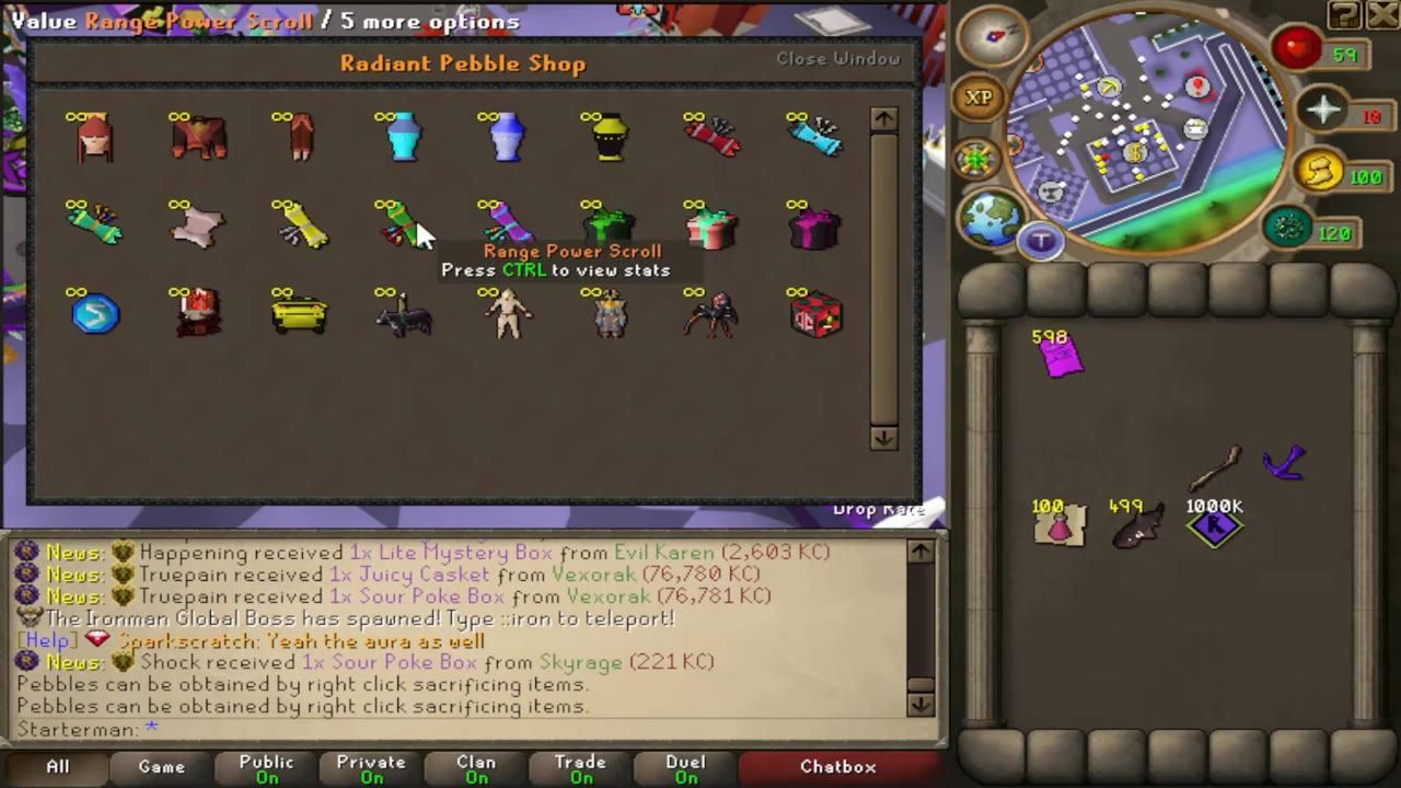 Interface of the Radiant Pebble Shop showing available items and options.