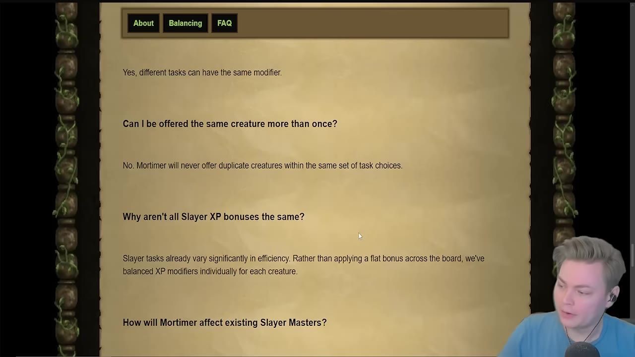 A FAQ screen with questions and answers about Mortimer's gameplay, with a small on-screen figure.