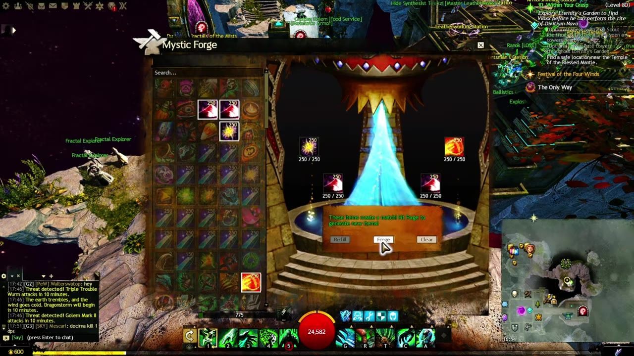 The Mystic Forge interface showing components for crafting Aurene's weapon.
