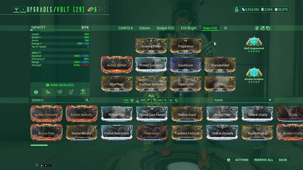 A configuration screen in a game showing Volt's 'Nuke ESO' mod build.