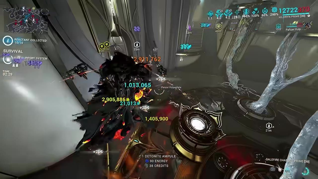 Hildryn engaging in combat in Warframe, with stats and numbers visible along with visual effects of abilities.