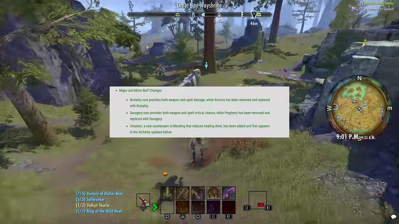 A game world scene with an in-game text box listing major and minor buff changes, including Brutality, Savagery, and Vexation.