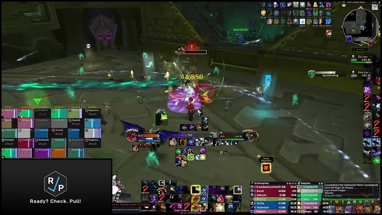 Game interface showing a raid encounter with players actively engaged in a boss fight, including visual effects and player indicators.