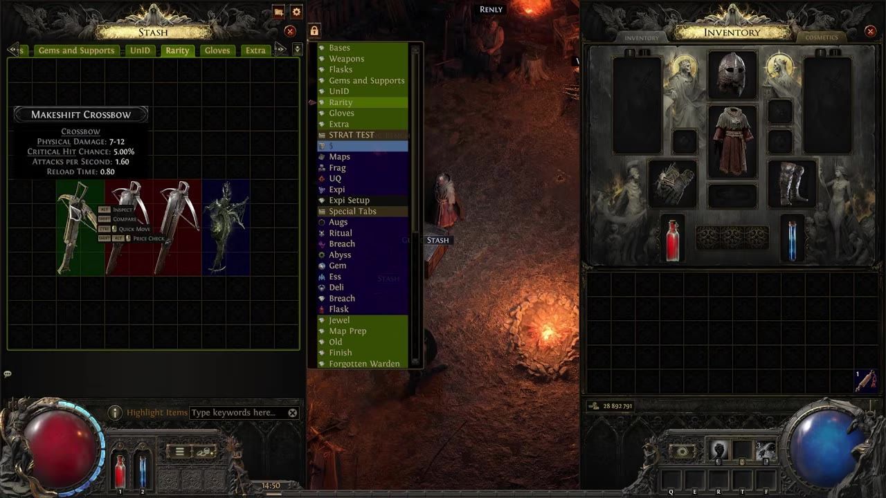 A makeshift crossbow is highlighted in the game's stash menu, showing its properties and stats.