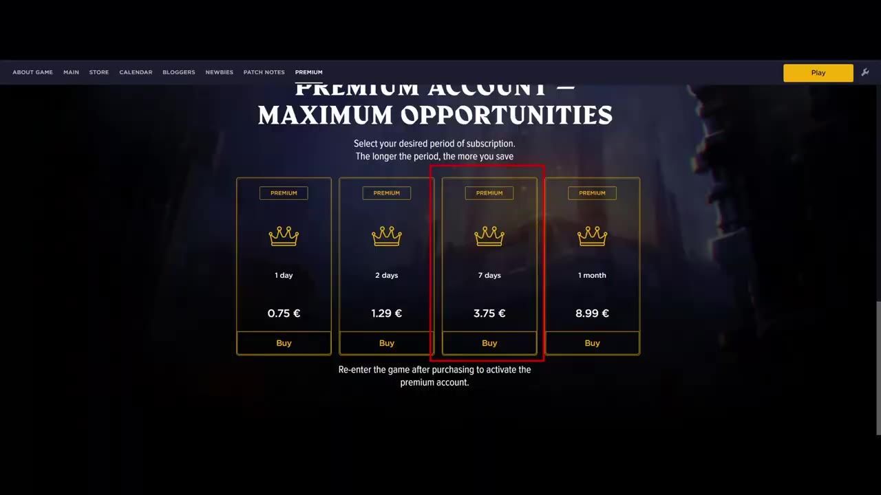 A game screen displaying options to purchase a premium account, showing prices for different subscription durations and a "Buy" button for each.