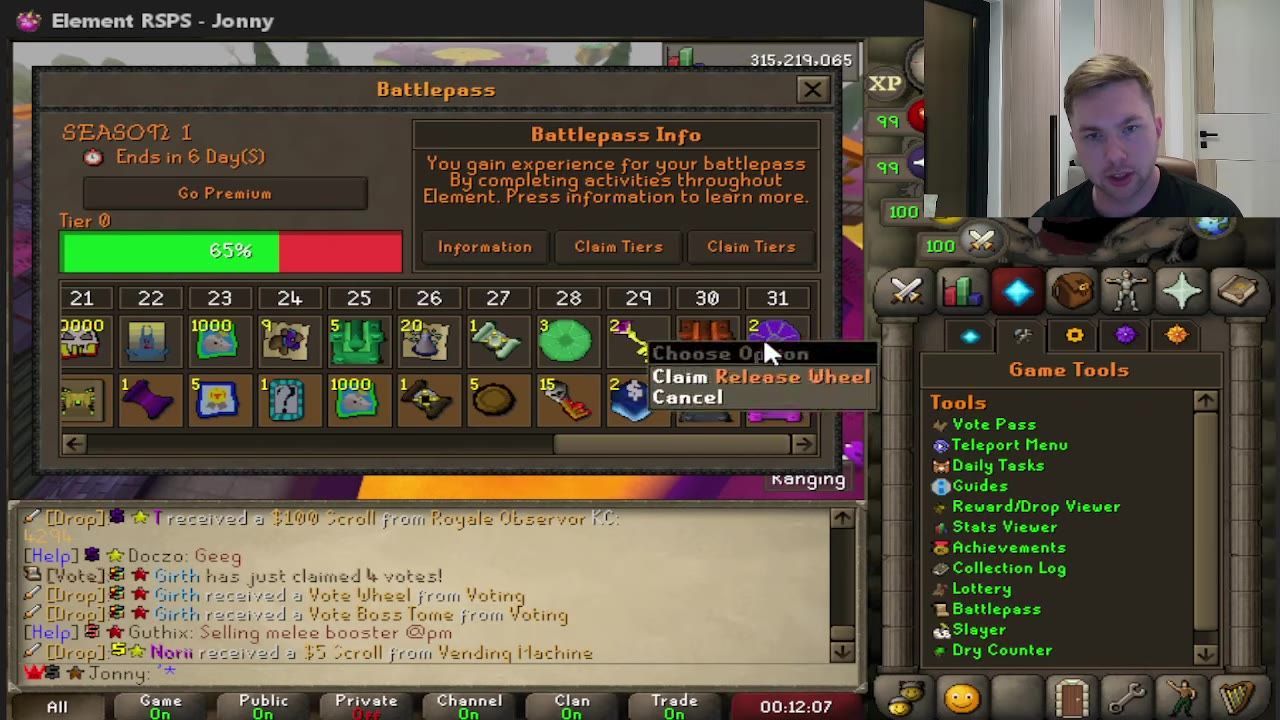 Gameplay screen showing the battle pass interface with progression, rewards, tier information, and a tooltip.