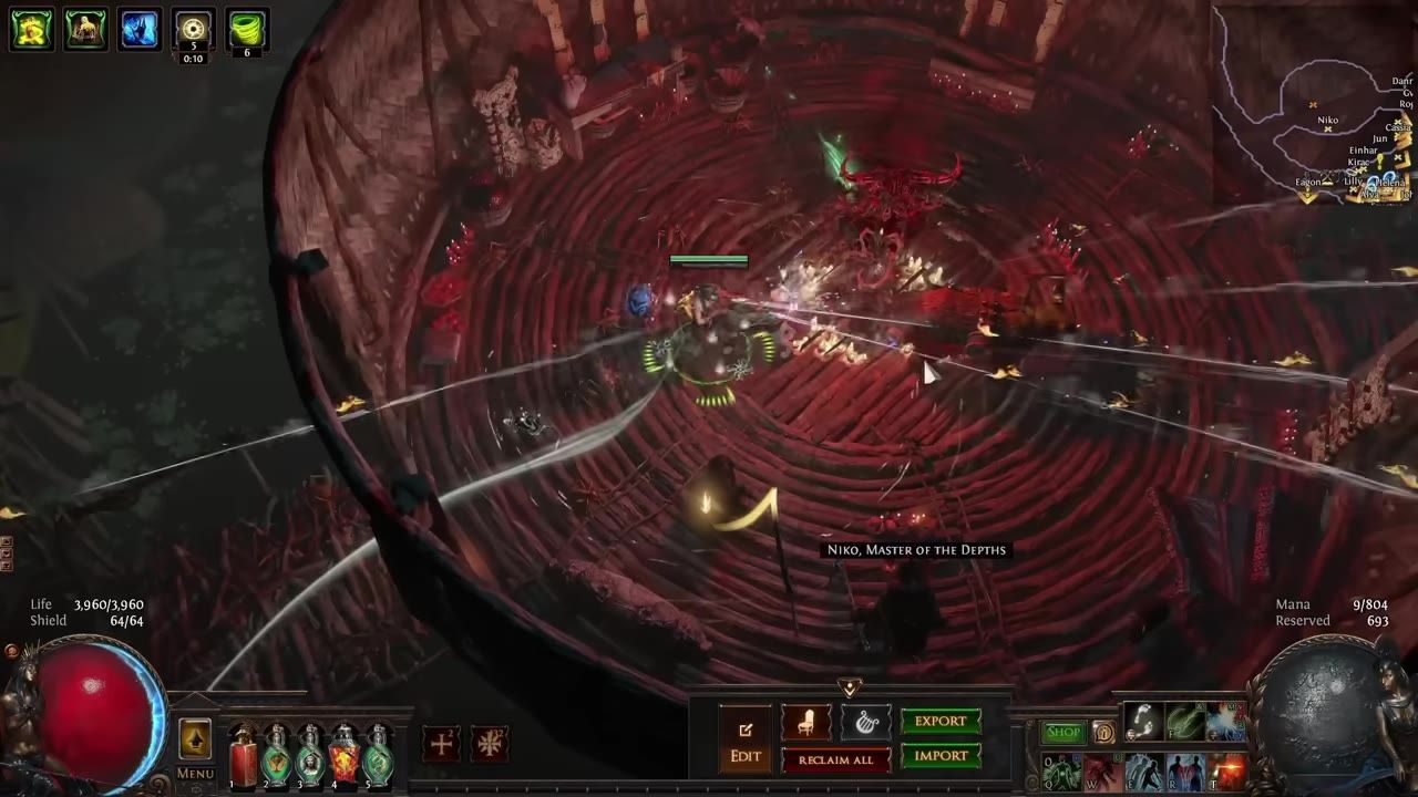A character performing ranged combat in a circular arena with special effects and abilities visible.