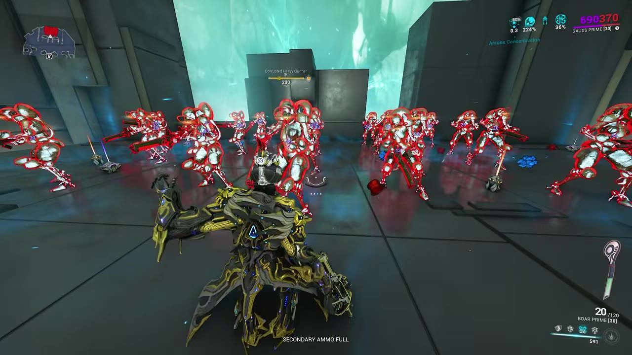 Gauss, a Warframe, is surrounded by enemies while executing an ability in a futuristic environment.