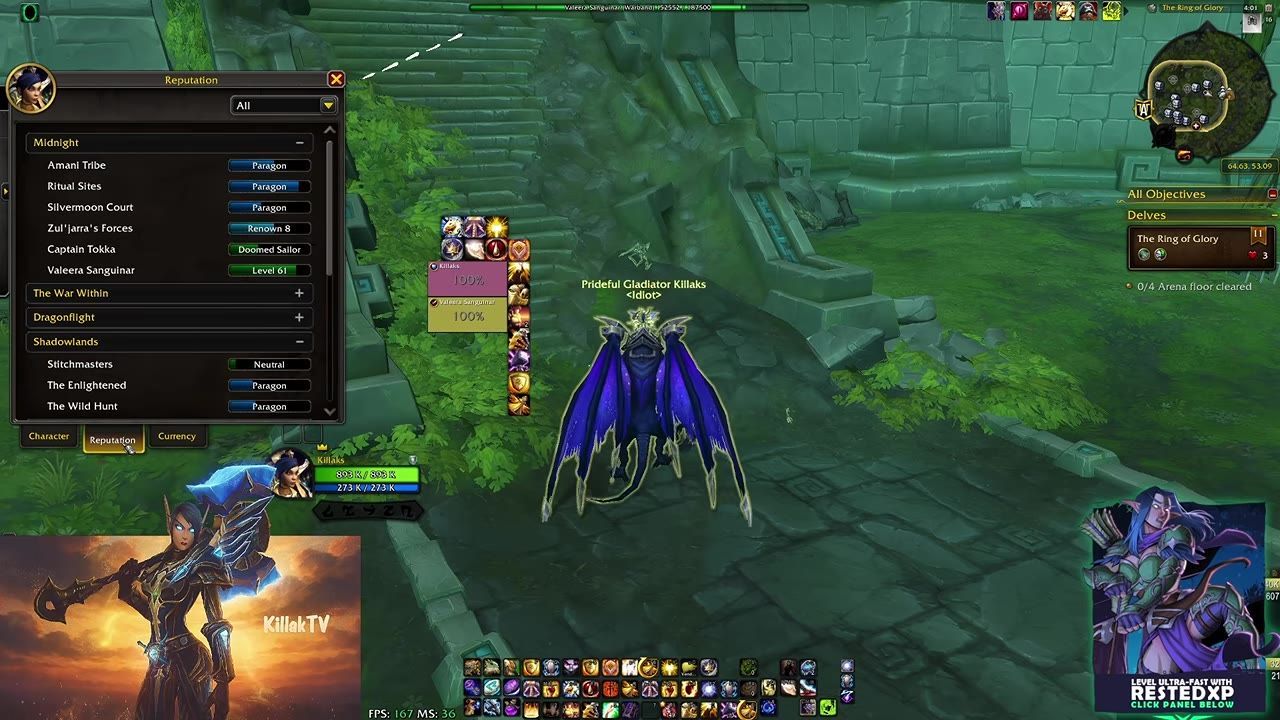 Gameplay interface showing a Reputation panel with Valeera Sanguinar's level and experience bar highlighted.