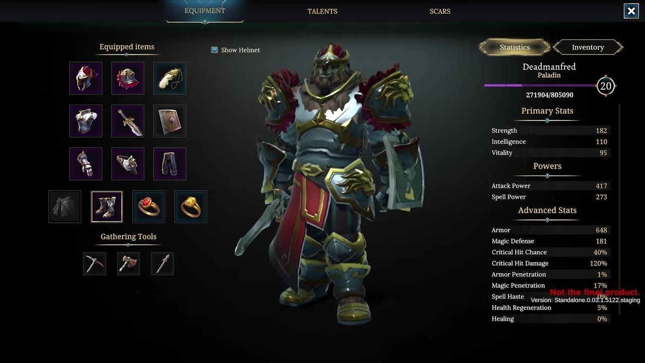 Character screen showing equipped items, including armor and a sword, with detailed statistics and inventory information.