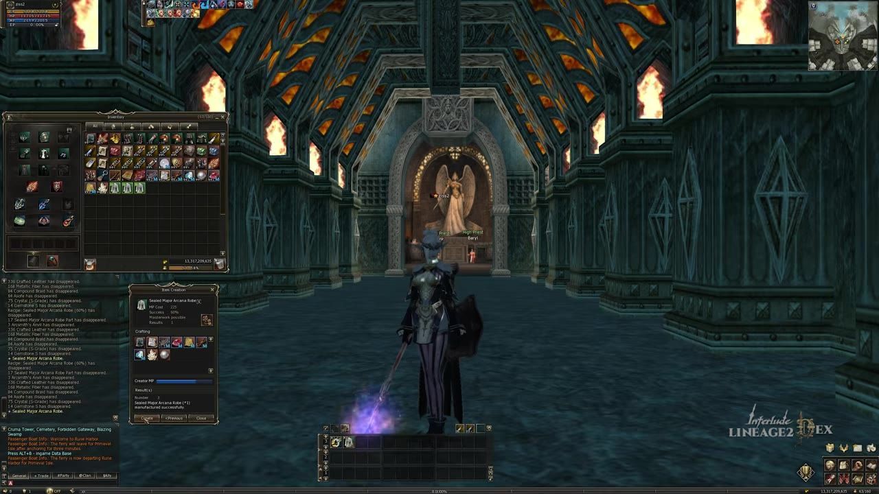 A character stands in a decorative cathedral-like space with an open inventory and crafting interface displayed.