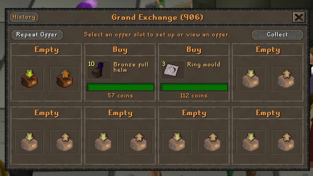 Interface of the Grand Exchange displaying offer slots, including three labeled as 'Empty'.