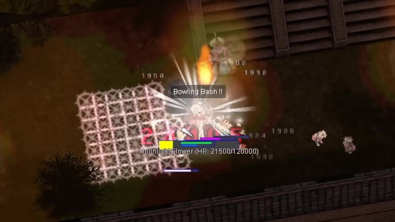 Game screen showing a character near an MVP monster named MoonLightFlower preparing for battle with visual effects.