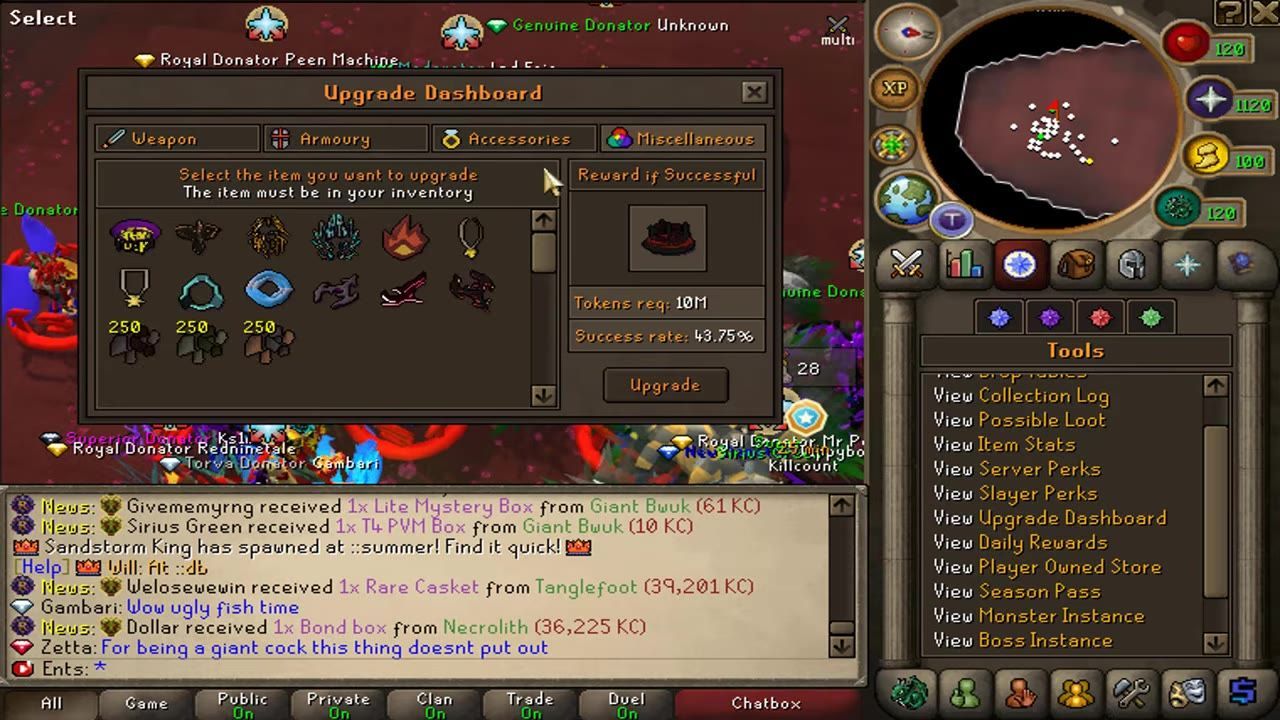 Game interface showing an upgrade dashboard with item selection and enhancement options.