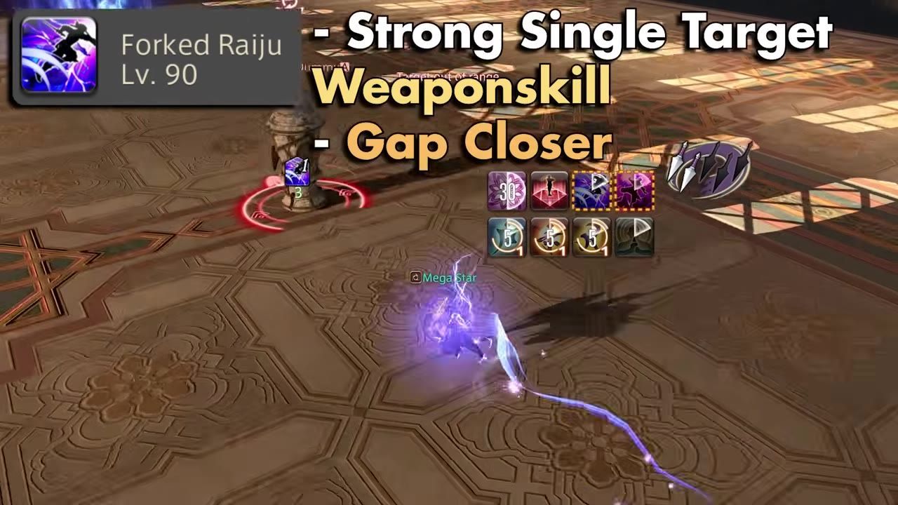 A character uses Forked Raiju in combat, with ability information visible.